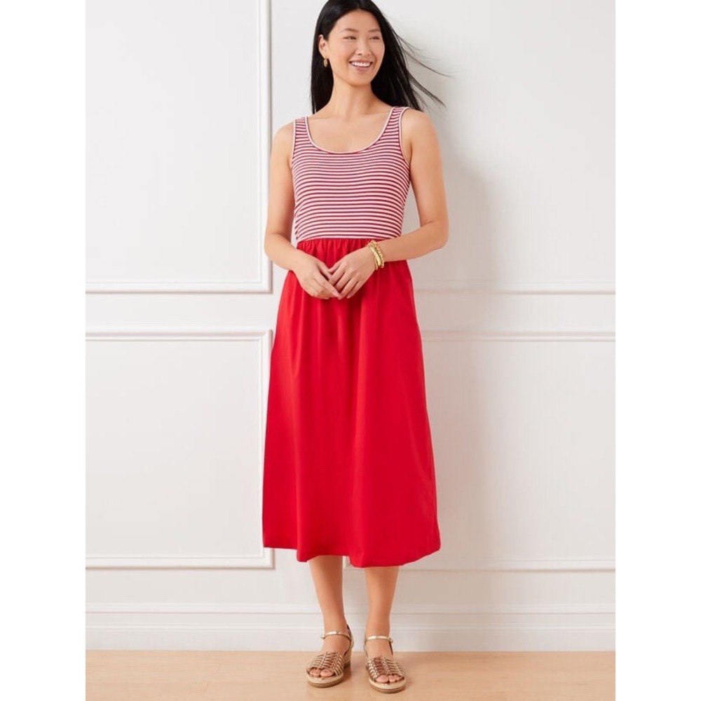 Talbots Mixed Media Poplin MIDI Dress Women's Large Red Modal Striped Nautical